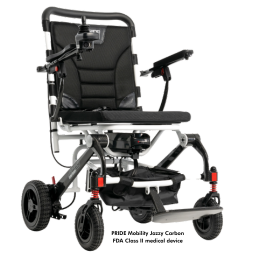 Image of PRIDE Mobility Jazzy Carbon electric wheelchair in color white. The text reads, PRIDE Mobility Jazzy Carbon, FDA Class II Medical Device