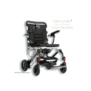 Image of a PRIDE Mobility Jazzy Carbon power wheelchair, text reads PRIDE Mobility(registered) Jazzy Carbon Power Wheelchair, and FDA Class 2 medical device