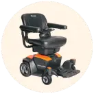 Image of a PRIDE Mobility Go Chair with orange shrouds against a cream circular background