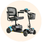 Image of a PRIDE Mobility Go-Go power mobility device with blue shrouds against a cream circular background.