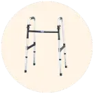 Image of a walker, without wheels, against a cream circular background
