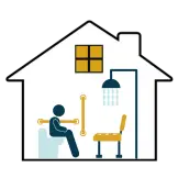 Illustration: House containing icons of toilet, grab bars, shower seat, and shower illustrating Home Modifications.