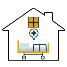 Image is a graphic of a hospital bed in colors blue, gold, white, and dark blue since inside the outline of a house shape.