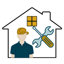 Image is a graphic representing a person and a screwdriver and wrench inside of a house shape with black outline.