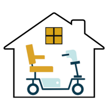 Illustration of power mobility scooter inside the outline of a house.