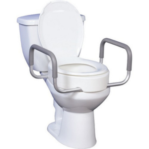 Image of a toilet with a toilet seat riser featuring handles installed.